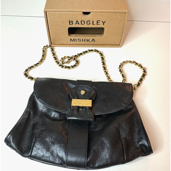 Badgley Mischka Black Leather Purse Detachable Chain Strap - Picture 1 of 16